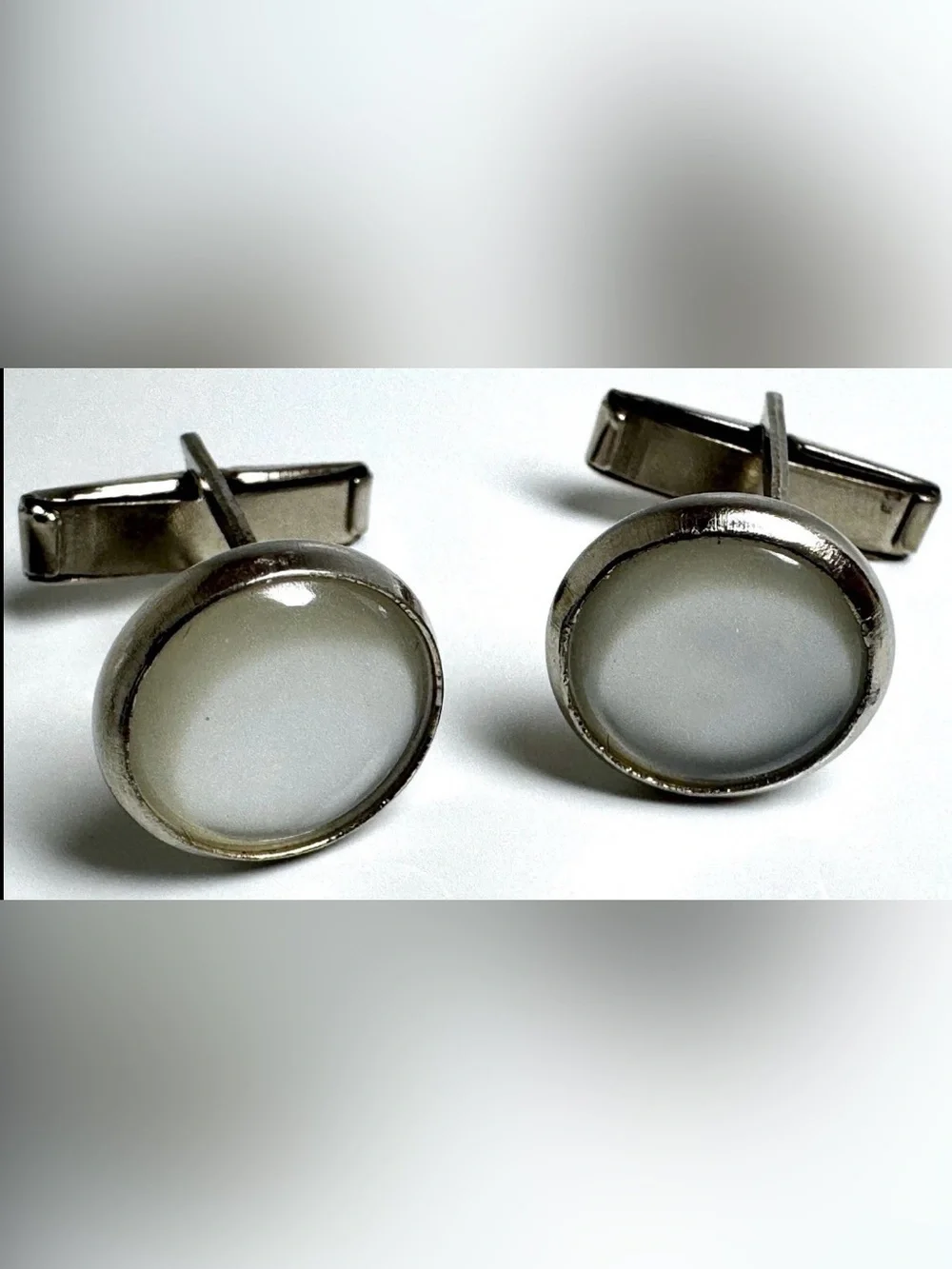 Silver Tone Round White Cabochon Bullet Back Men's Cufflinks Pair #1707
